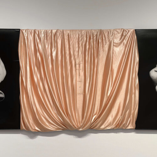 Untitled (Someone’s flesh is under my fingernails), 1991-95 Gelatin silver print, fabric, acrylic, and macaroni text 39 x 141 in.